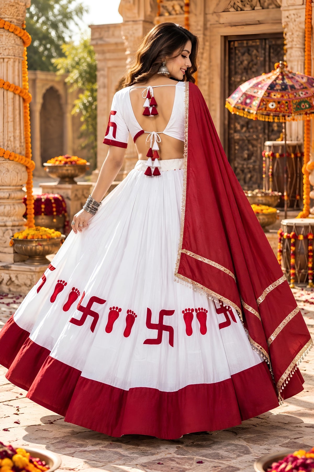 Beautiful White and Red Roman Silk Printed Designer Lehenga Choli with Dupatta for Women