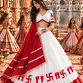 Beautiful White and Red Roman Silk Printed Designer Lehenga Choli with Dupatta for Women