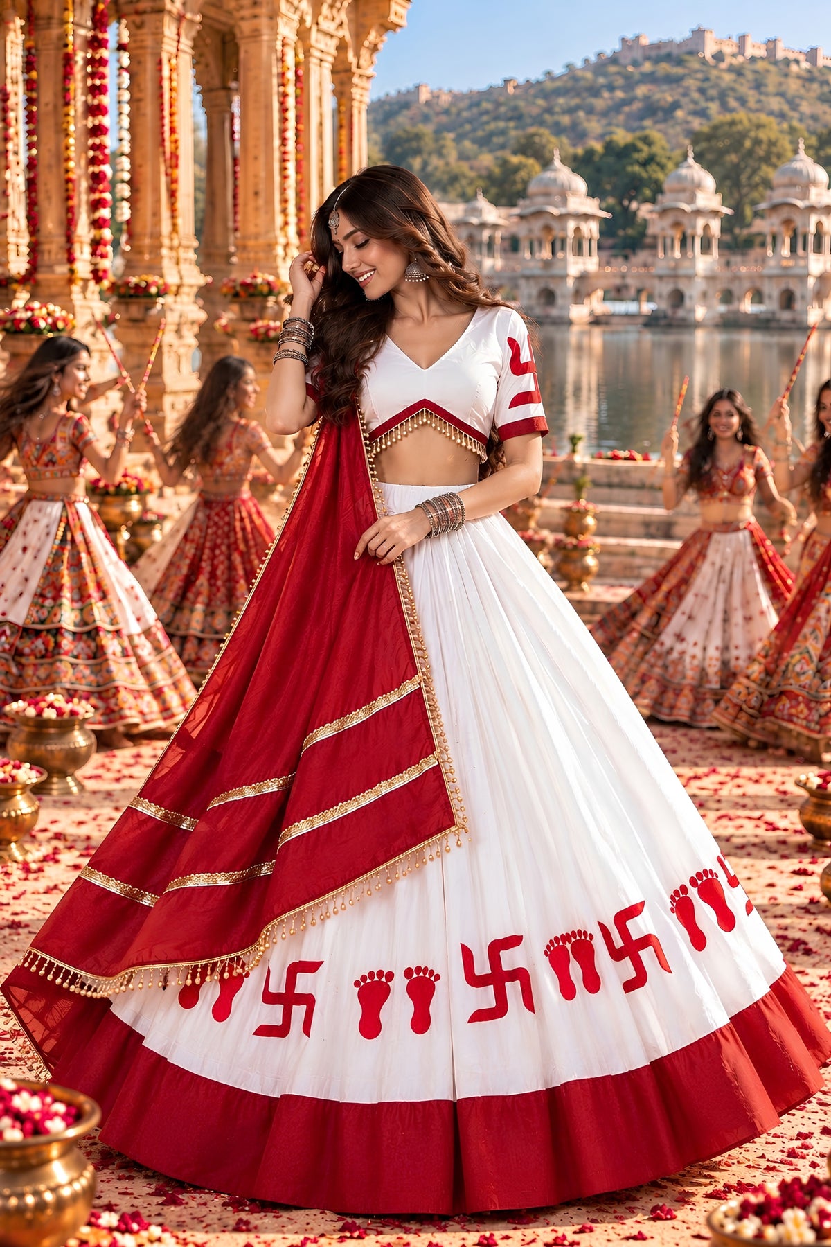 Beautiful White and Red Roman Silk Printed Designer Lehenga Choli with Dupatta for Women