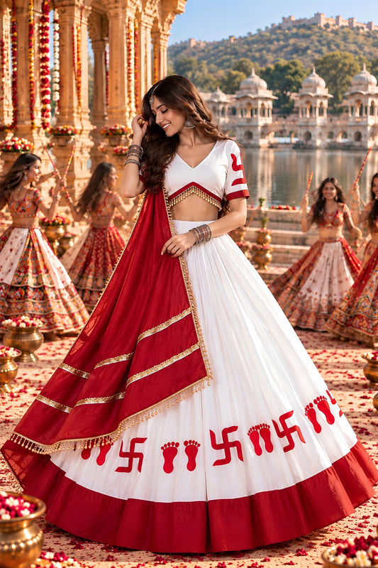 Beautiful White and Red Roman Silk Printed Designer Lehenga Choli with Dupatta for Women