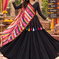 Trendy Black Roman Silk Designer Lehenga Choli with Plain Work and Multicolor Dupatta for Women