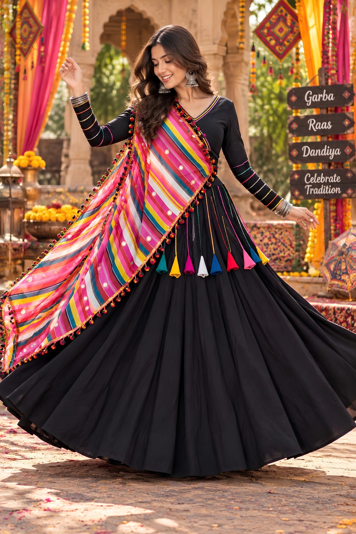 Trendy Black Roman Silk Designer Lehenga Choli with Plain Work and Multicolor Dupatta for Women