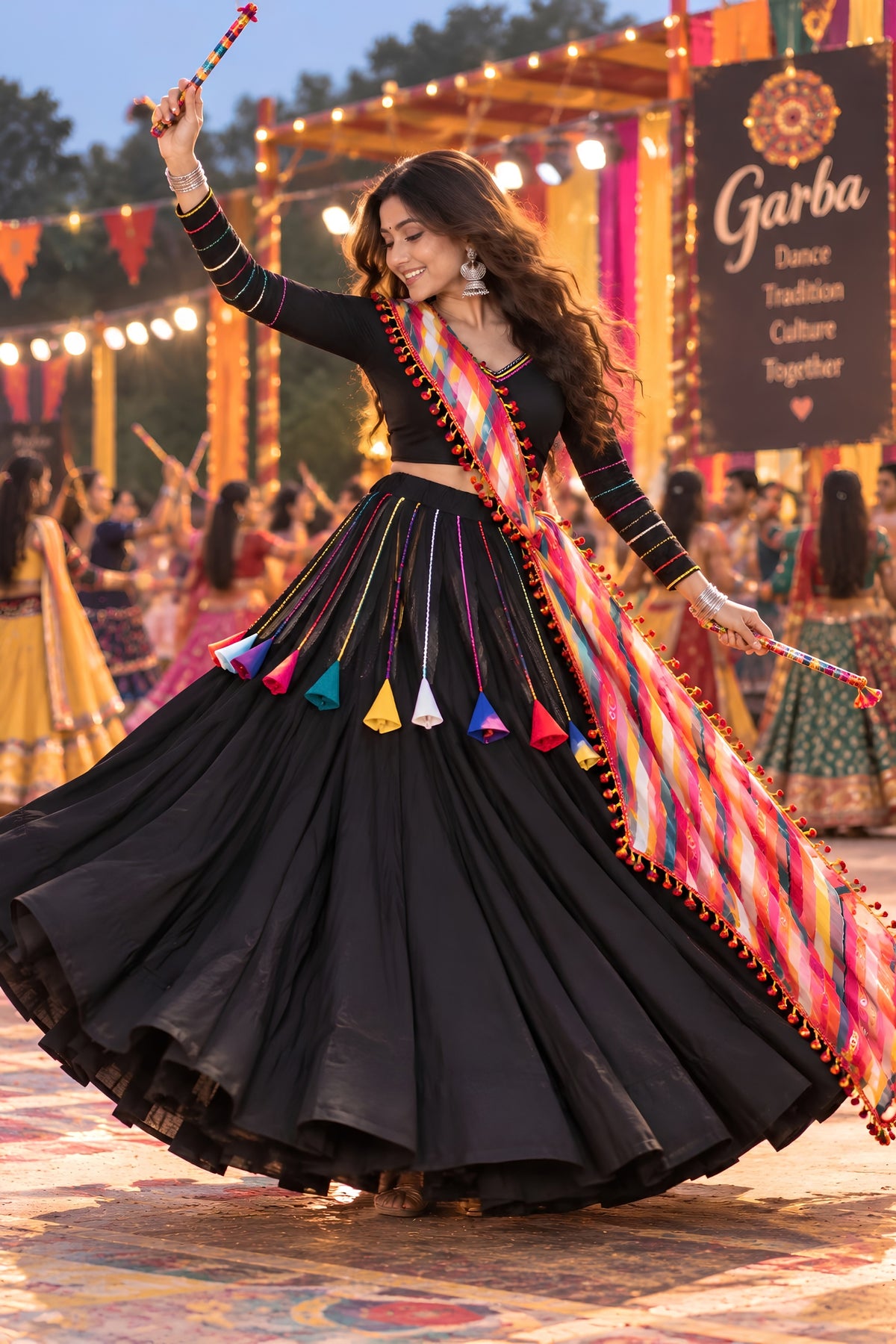 Trendy Black Roman Silk Designer Lehenga Choli with Plain Work and Multicolor Dupatta for Women