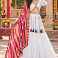 Charming White Roman Silk Designer Lehenga Choli with Plain Work and Multicolor Dupatta for Women