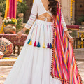 Charming White Roman Silk Designer Lehenga Choli with Plain Work and Multicolor Dupatta for Women