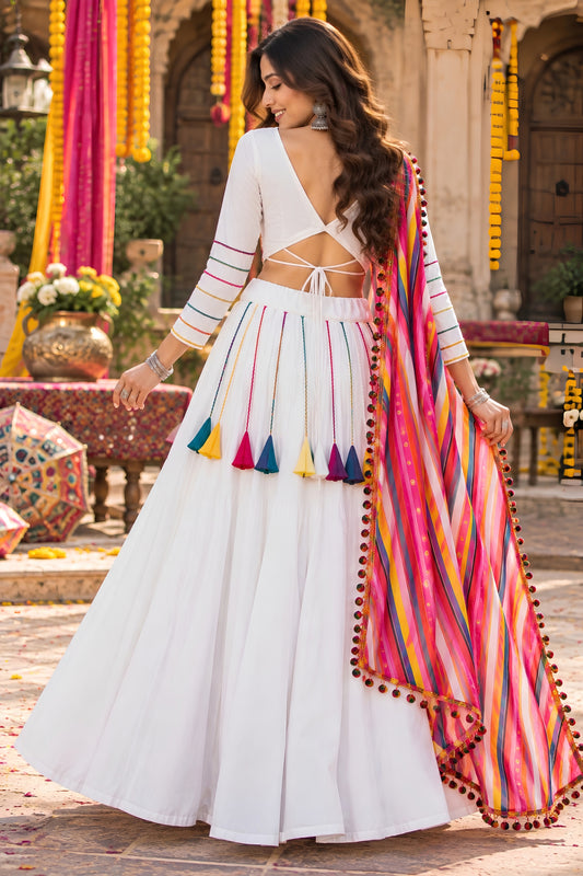 Charming White Roman Silk Designer Lehenga Choli with Plain Work and Multicolor Dupatta for Women