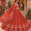 Glorious Rust Orange Roman Silk Designer Lehenga Choli with Kutchi Embroidery Work and Dupatta for Women
