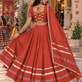 Glorious Rust Orange Roman Silk Designer Lehenga Choli with Kutchi Embroidery Work and Dupatta for Women