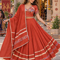 Glorious Rust Orange Roman Silk Designer Lehenga Choli with Kutchi Embroidery Work and Dupatta for Women