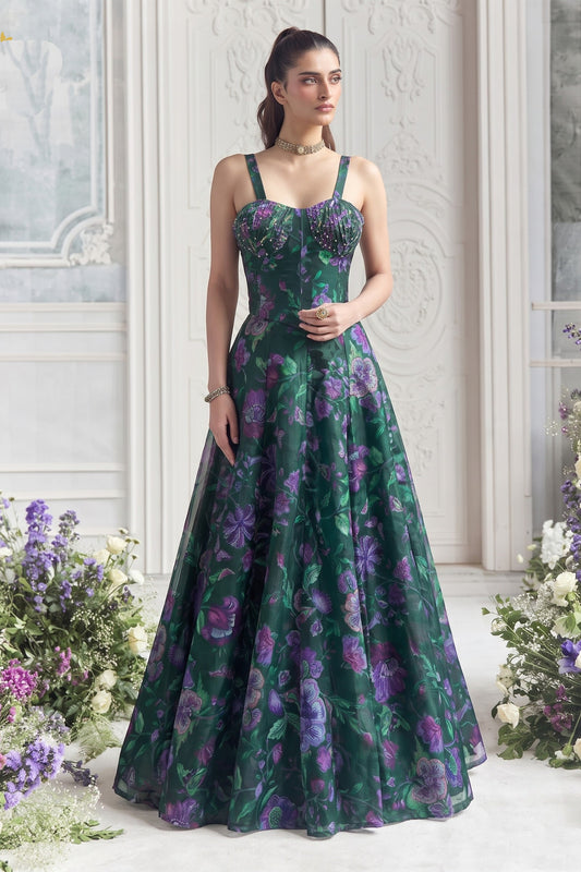 Elegant Dark Green Organza Floral Printed Indo Western Lehenga Choli for Women