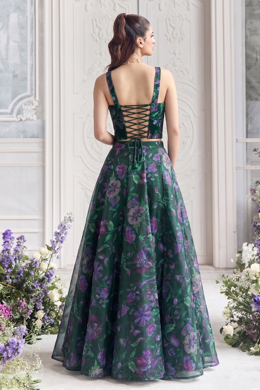 Elegant Dark Green Organza Floral Printed Indo Western Lehenga Choli for Women