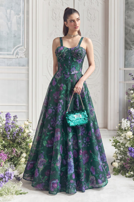 Elegant Dark Green Organza Floral Printed Indo Western Lehenga Choli for Women