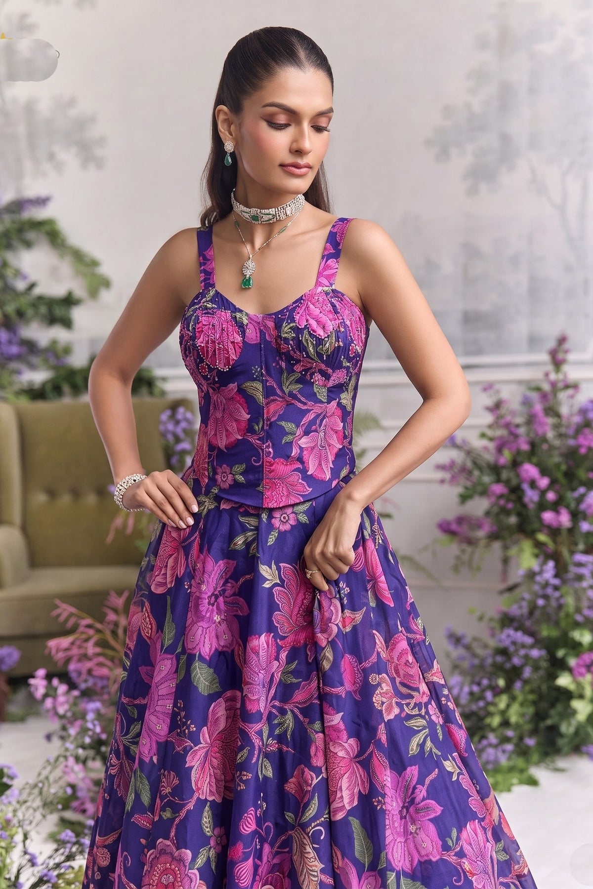 Stylish Purple Organza Floral Printed Indo Western Lehenga Choli for Women