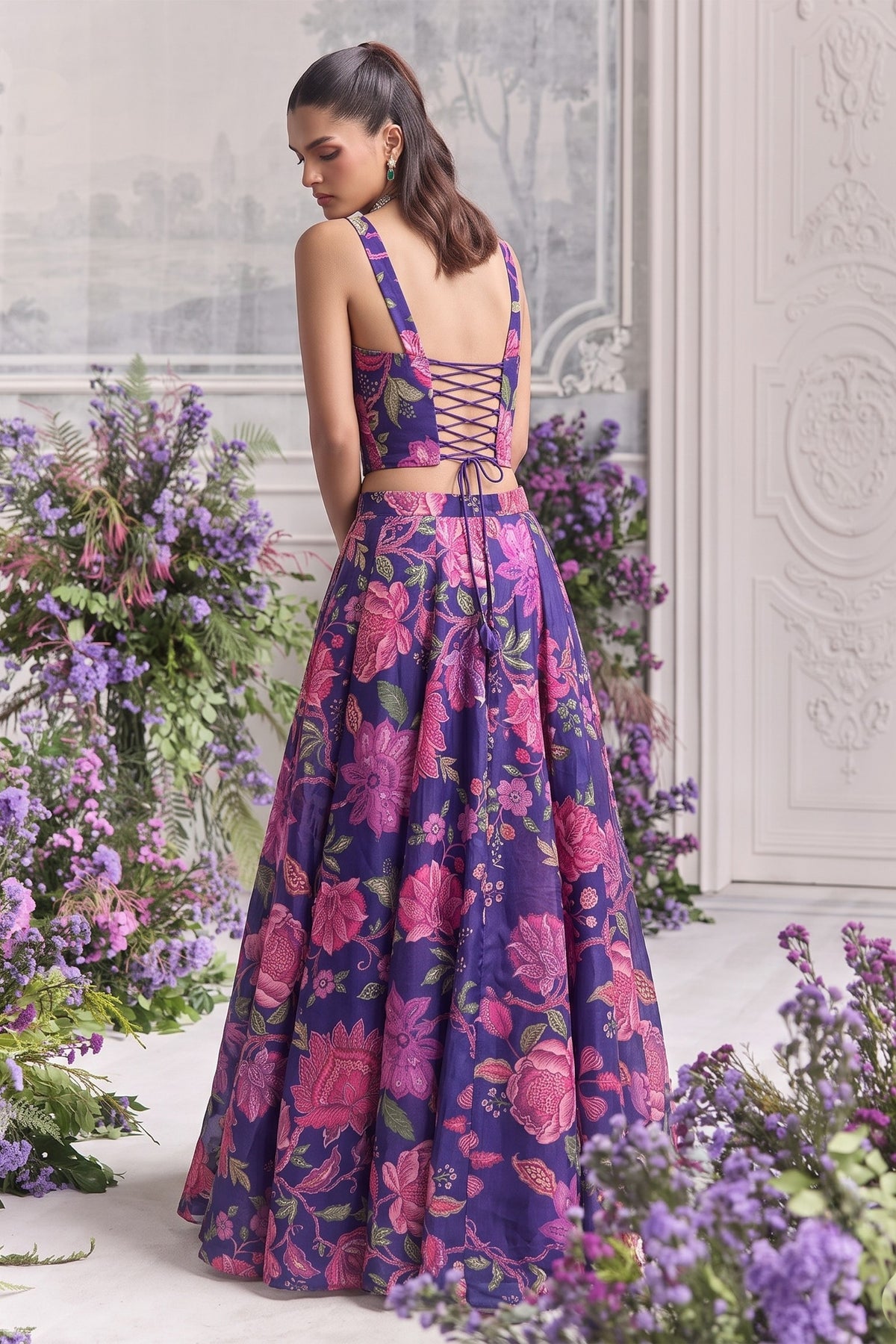 Stylish Purple Organza Floral Printed Indo Western Lehenga Choli for Women