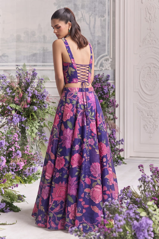 Stylish Purple Organza Floral Printed Indo Western Lehenga Choli for Women