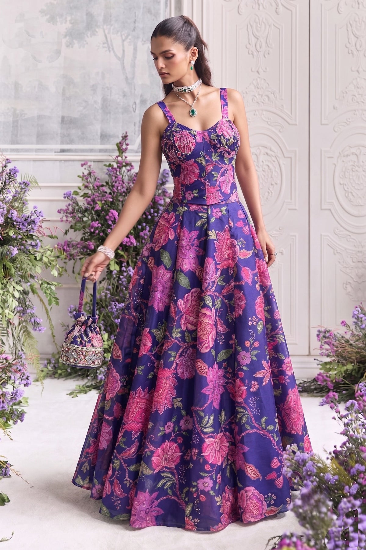 Stylish Purple Organza Floral Printed Indo Western Lehenga Choli for Women