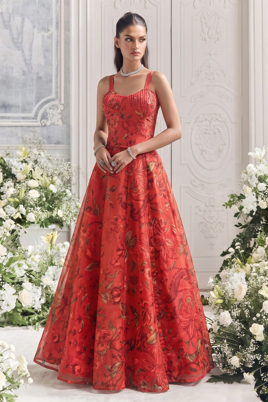 Outstanding Red Organza Floral Printed Indo Western Lehenga Choli for Women
