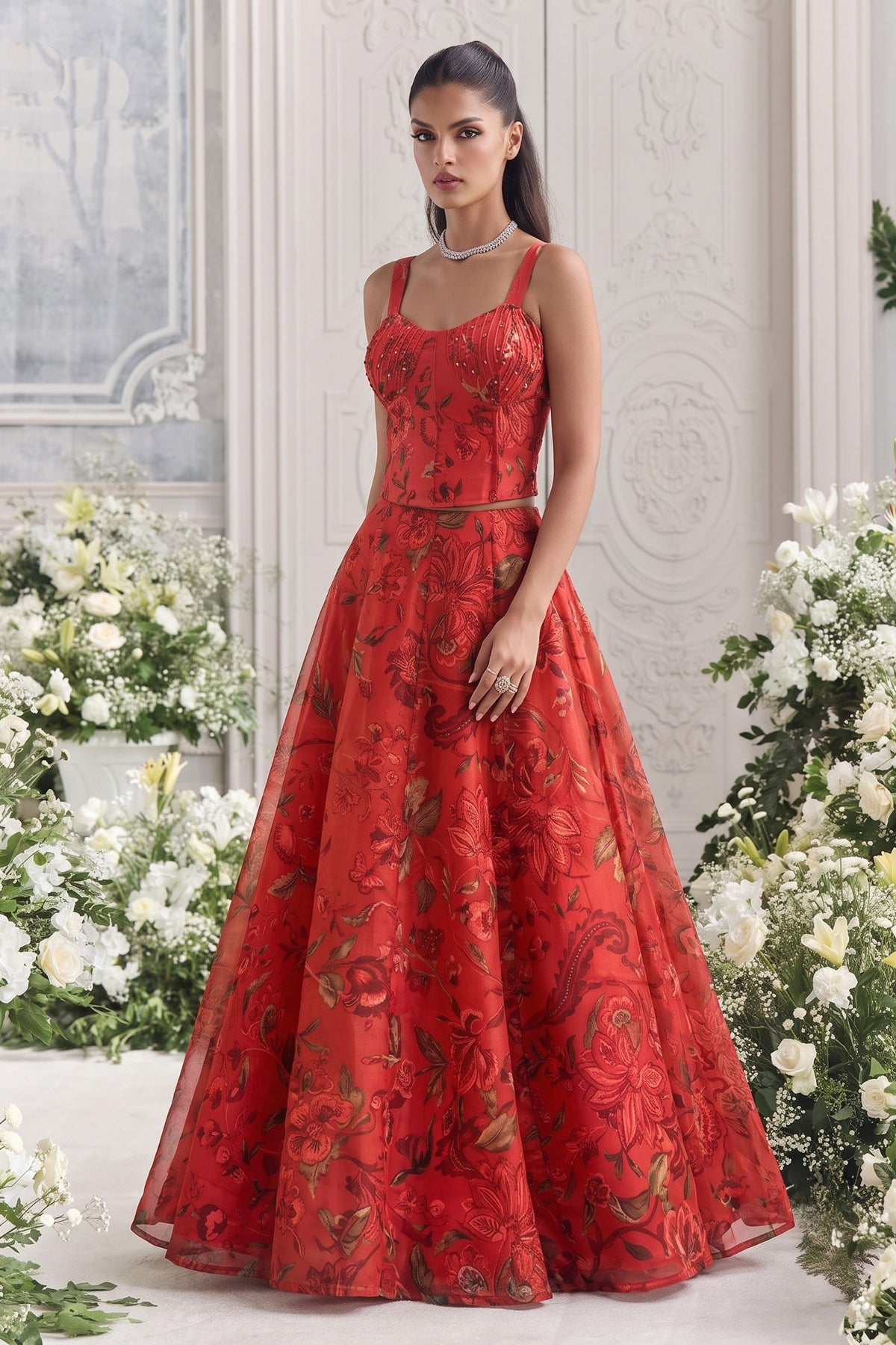 Outstanding Red Organza Floral Printed Indo Western Lehenga Choli for Women