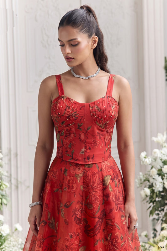 Outstanding Red Organza Floral Printed Indo Western Lehenga Choli for Women