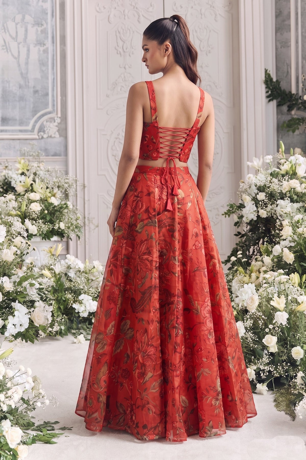Outstanding Red Organza Floral Printed Indo Western Lehenga Choli for Women