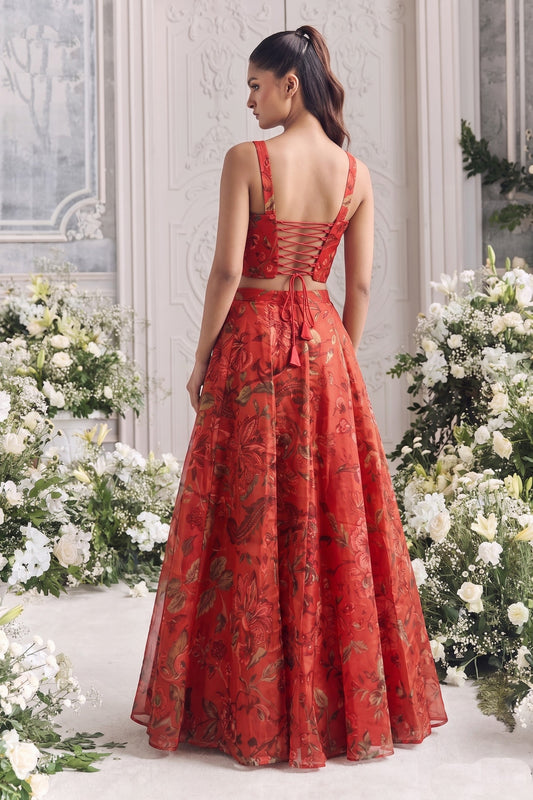 Outstanding Red Organza Floral Printed Indo Western Lehenga Choli for Women