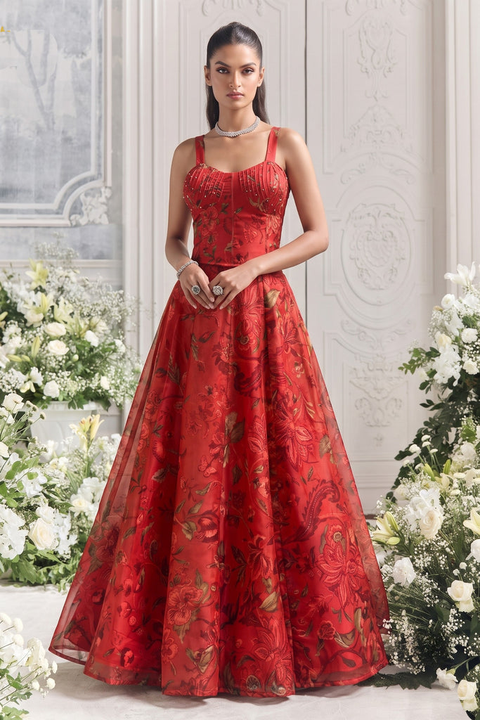 Outstanding Red Organza Floral Printed Indo Western Lehenga Choli for Women