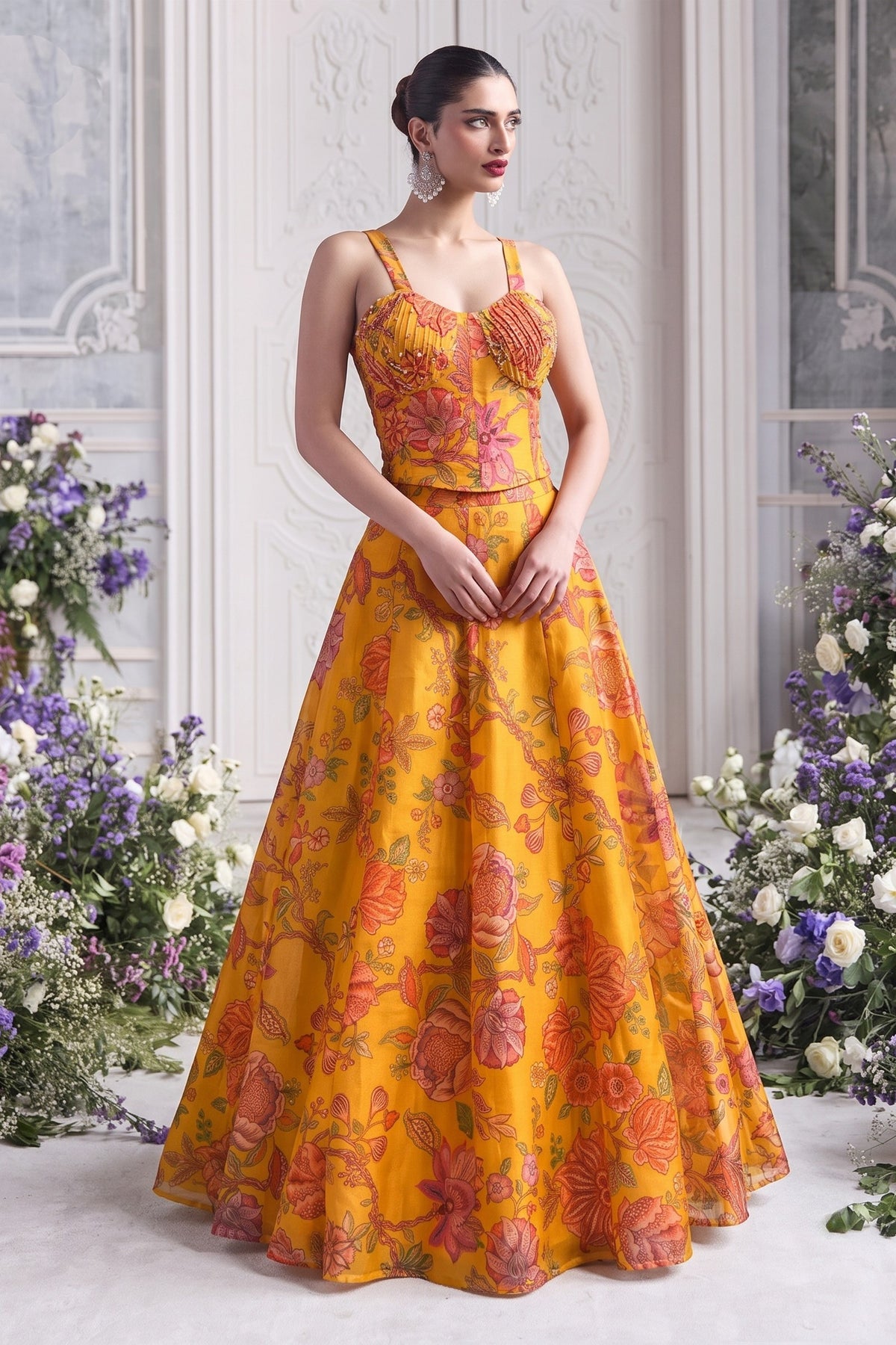 Gorgeous Yellow Organza Floral Printed Indo Western Lehenga Choli for Women