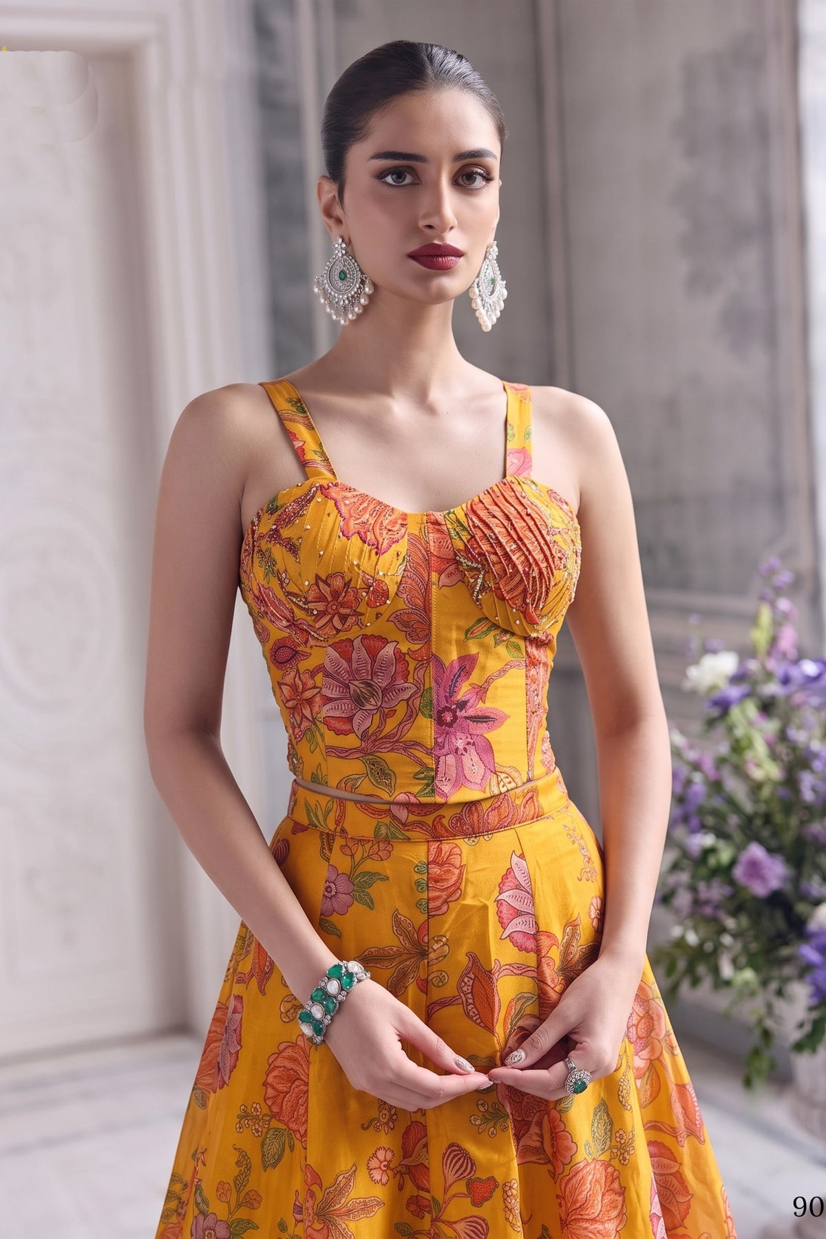 Gorgeous Yellow Organza Floral Printed Indo Western Lehenga Choli for Women