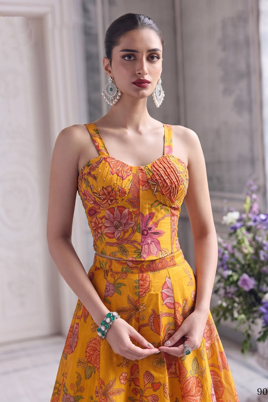 Gorgeous Yellow Organza Floral Printed Indo Western Lehenga Choli for Women