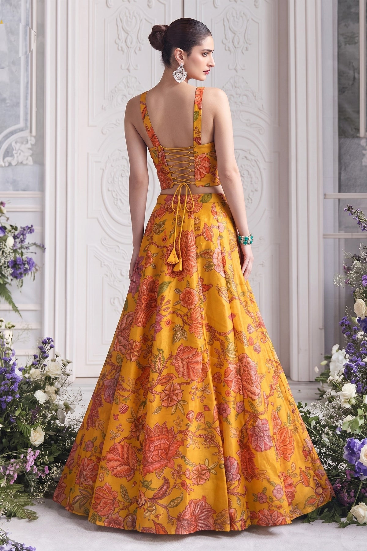 Gorgeous Yellow Organza Floral Printed Indo Western Lehenga Choli for Women