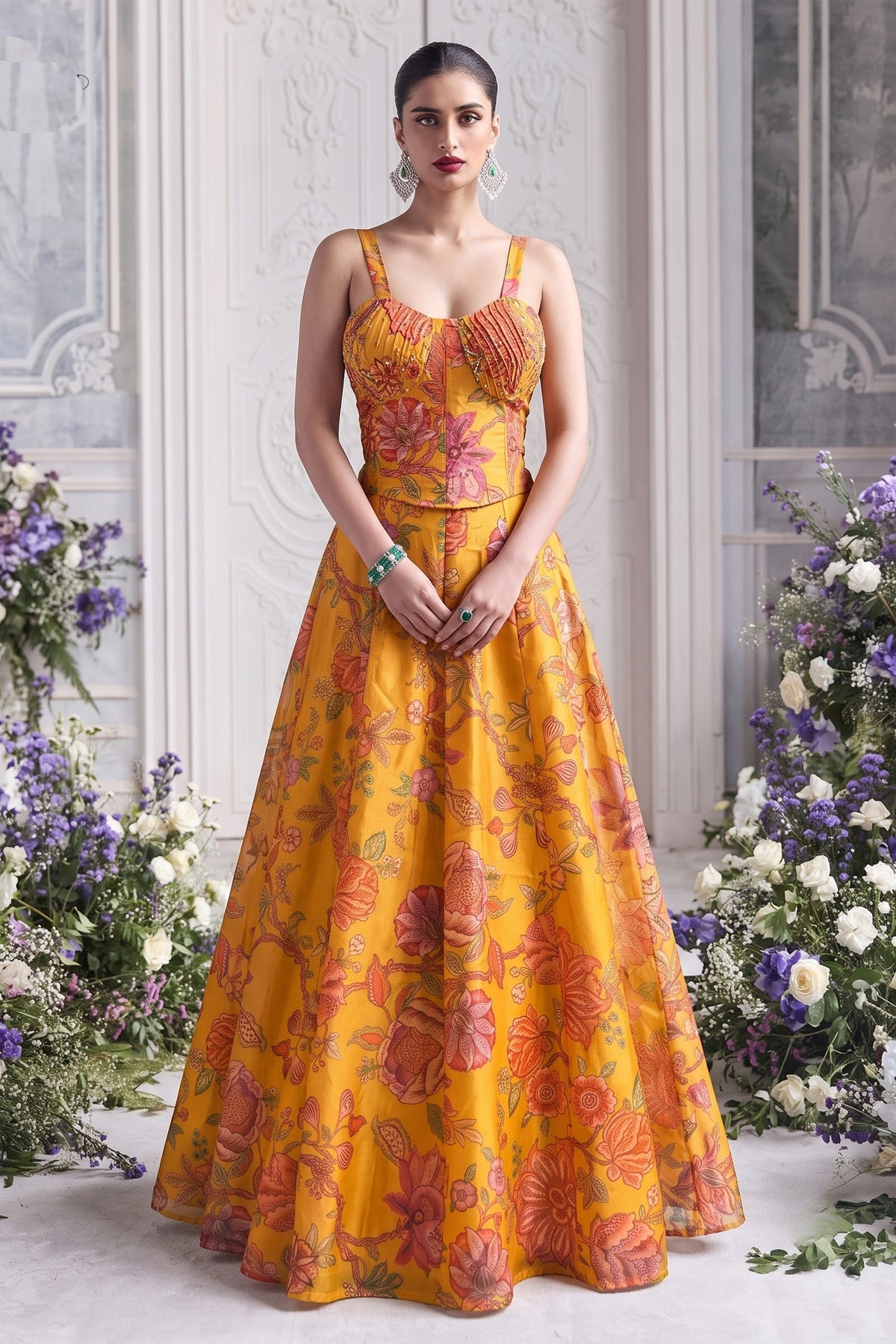 Gorgeous Yellow Organza Floral Printed Indo Western Lehenga Choli for Women