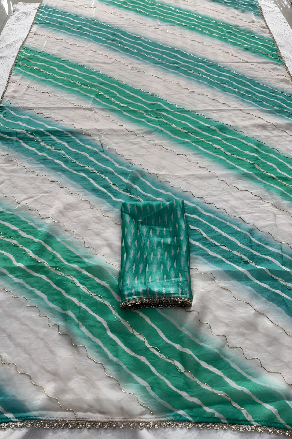 Stylish Teal Green Space Silk Digital Print Saree with Lace Border for Women