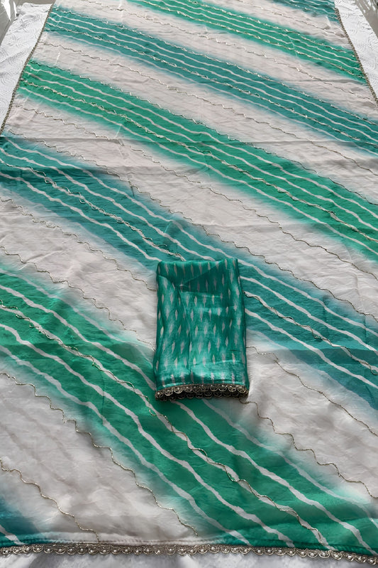 Stylish Teal Green Space Silk Digital Print Saree with Lace Border for Women