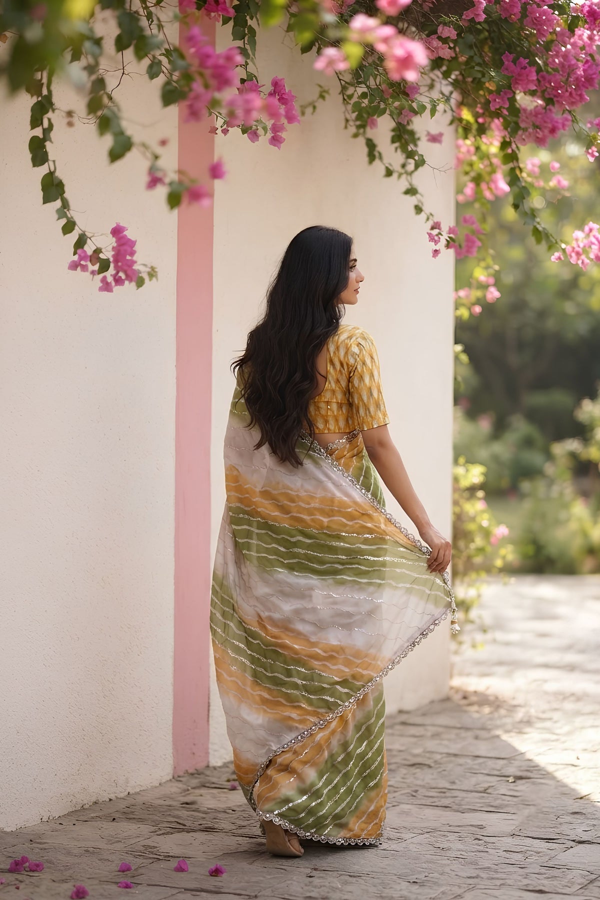 Graceful Olive Green Digital Print Saree with Lace Border for Women