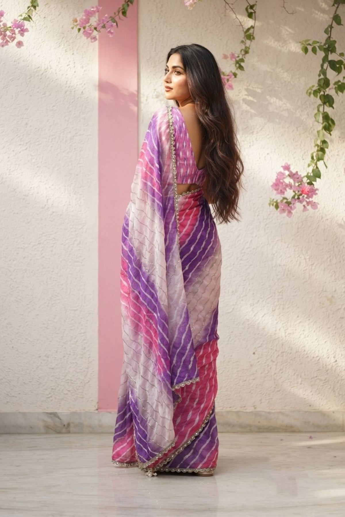 Premium Purple Space Silk Digital Print Saree with Lace Border for Women