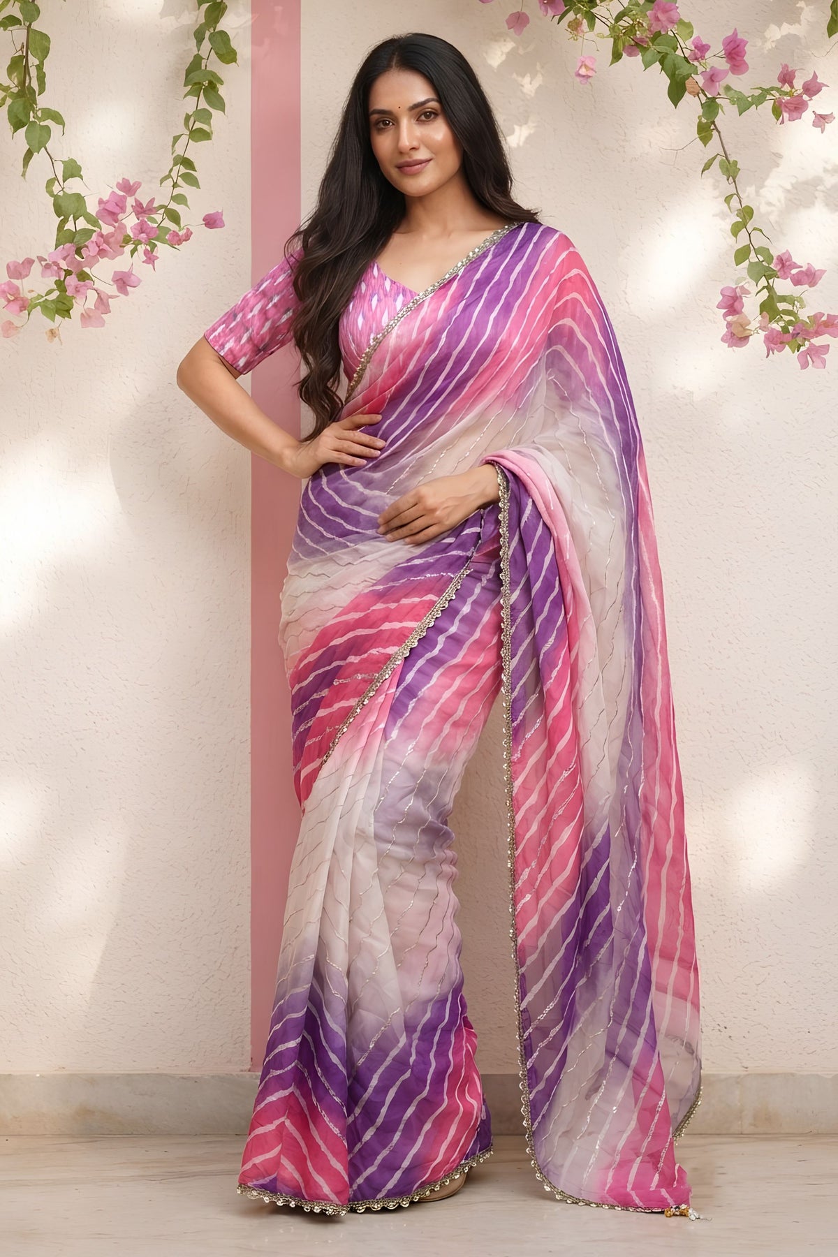 Premium Purple Space Silk Digital Print Saree with Lace Border for Women