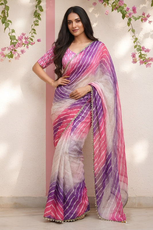 Premium Purple Space Silk Digital Print Saree with Lace Border for Women