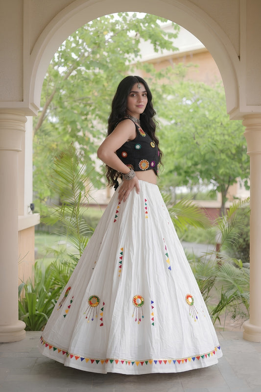 Elegant White Cotton Multicolor Embroidered Mirror Work Designer Lehenga Choli for Women
