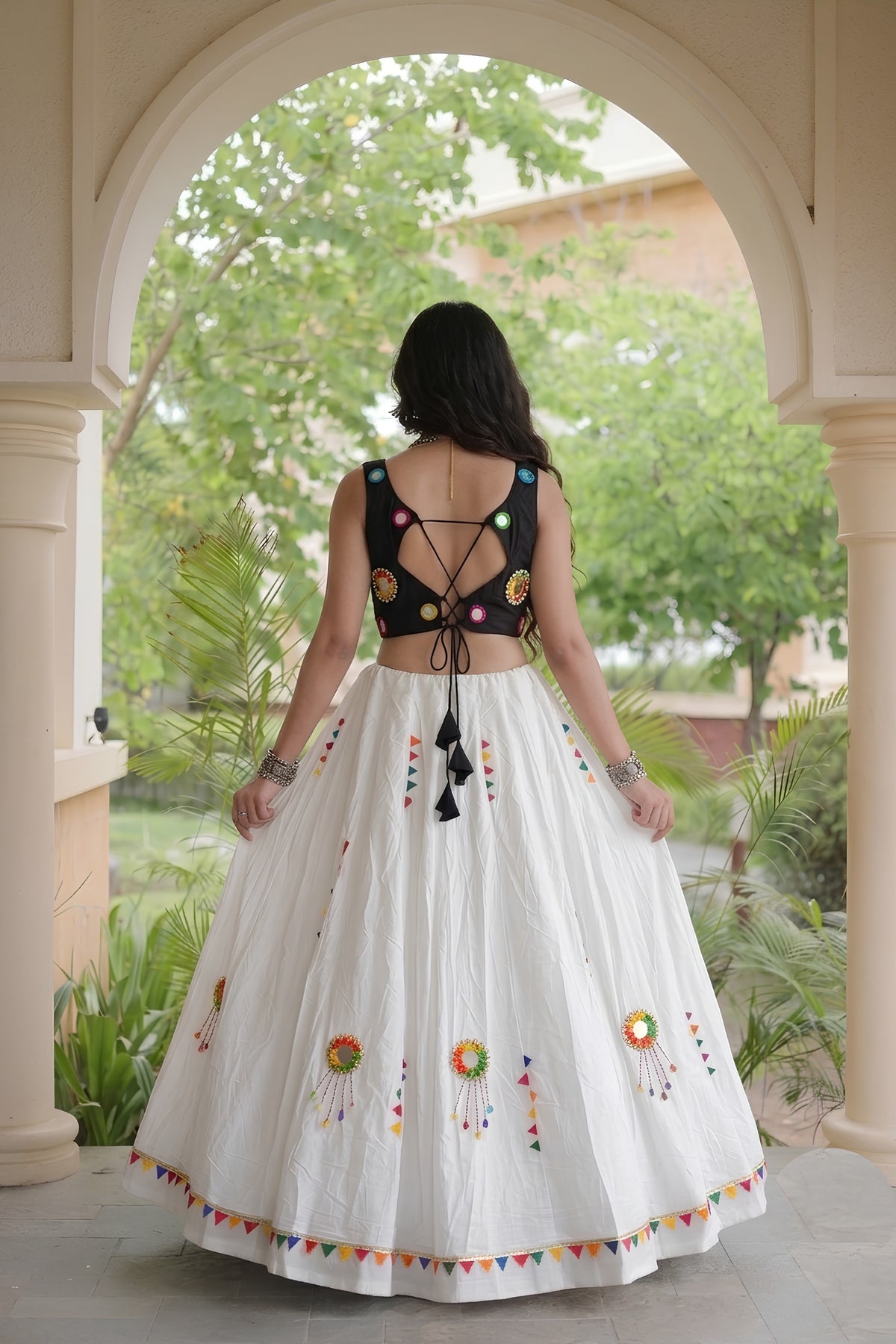 Elegant White Cotton Multicolor Embroidered Mirror Work Designer Lehenga Choli for Women