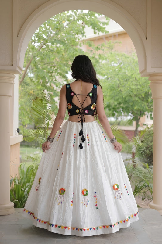 Elegant White Cotton Multicolor Embroidered Mirror Work Designer Lehenga Choli for Women