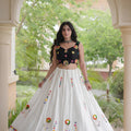 Elegant White Cotton Multicolor Embroidered Mirror Work Designer Lehenga Choli for Women