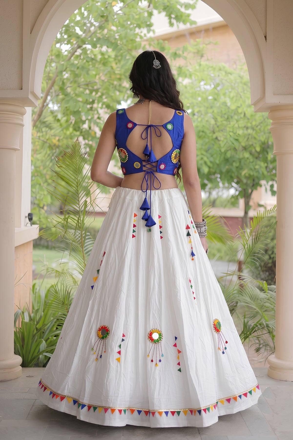 Charming White Cotton Multicolor Embroidered Mirror Work Designer Lehenga Choli for Women