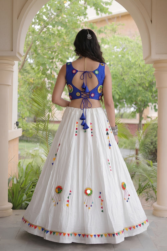 Charming White Cotton Multicolor Embroidered Mirror Work Designer Lehenga Choli for Women