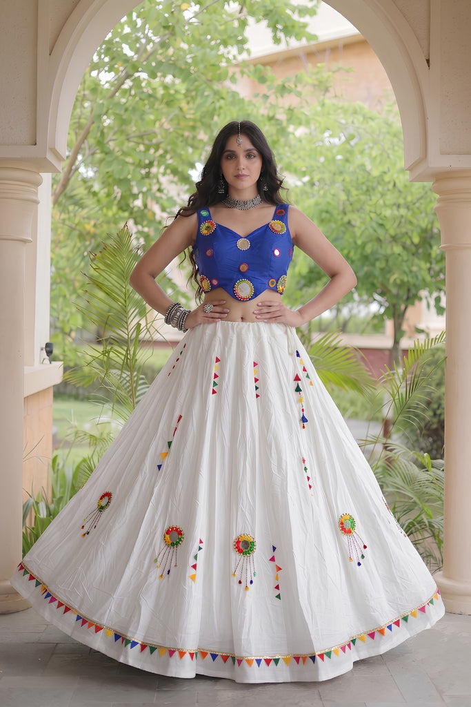 Charming White Cotton Multicolor Embroidered Mirror Work Designer Lehenga Choli for Women