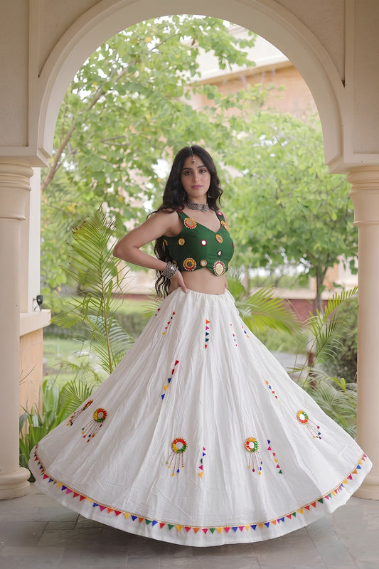 Beautiful White Cotton Multicolor Embroidered Mirror Work Designer Lehenga Choli for Women