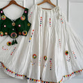 Beautiful White Cotton Multicolor Embroidered Mirror Work Designer Lehenga Choli for Women