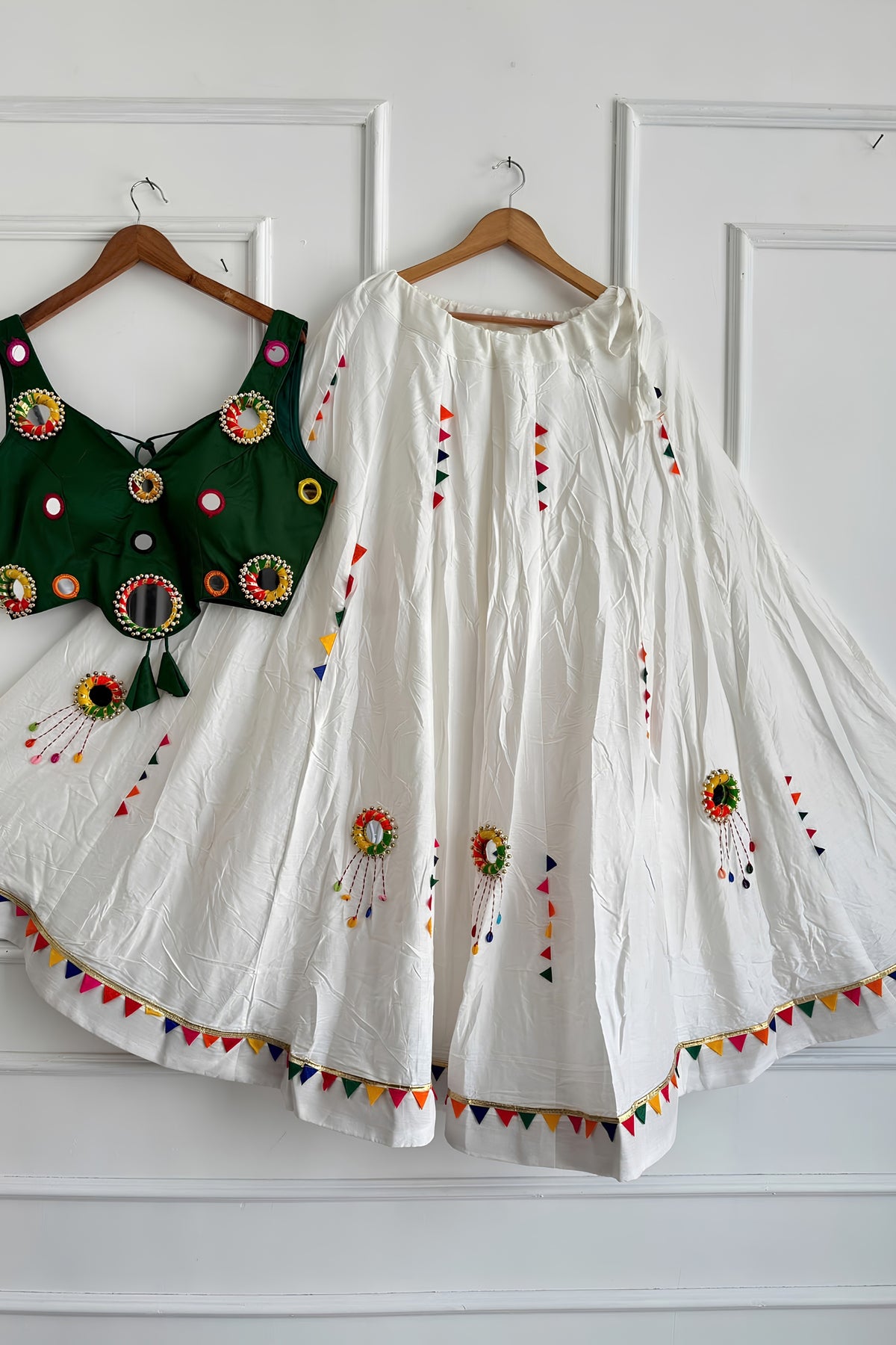 Beautiful White Cotton Multicolor Embroidered Mirror Work Designer Lehenga Choli for Women