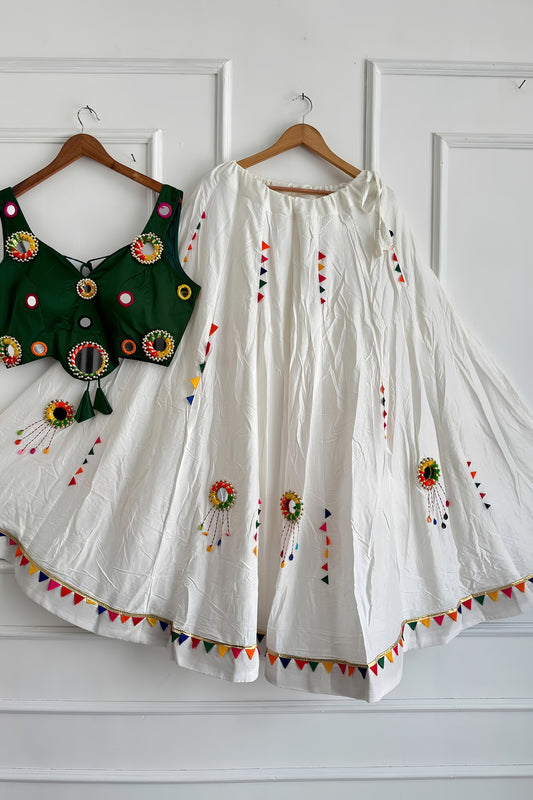 Beautiful White Cotton Multicolor Embroidered Mirror Work Designer Lehenga Choli for Women
