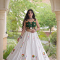 Beautiful White Cotton Multicolor Embroidered Mirror Work Designer Lehenga Choli for Women