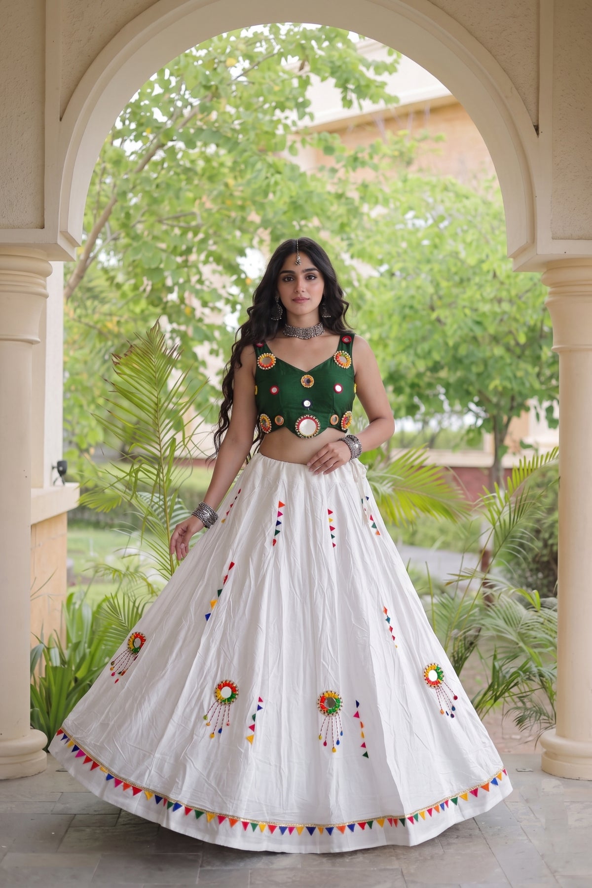 Beautiful White Cotton Multicolor Embroidered Mirror Work Designer Lehenga Choli for Women